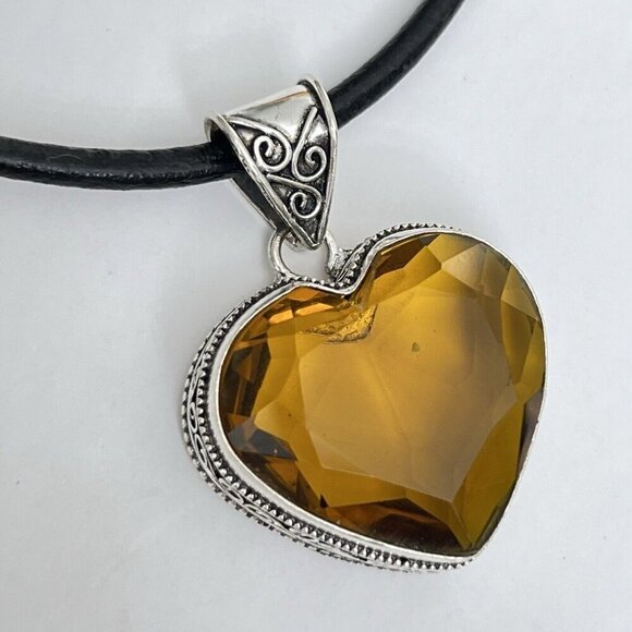 925 Sterling Silver Citrine Heart Necklace Gemstone Pendant Womens Jewelry - Picture 1 of 14